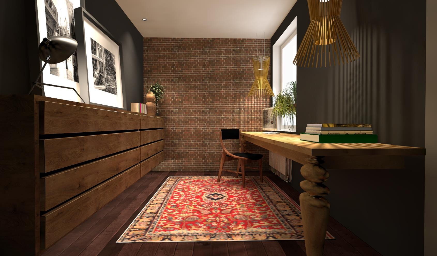 Wnętrze pokoju z biurkiem z jasnego drewna, komodą z ciemnego drewna, ceglaną ścianą i wzorzystym dywanem. Dwie lampy wiszące z drewnianymi elementami.