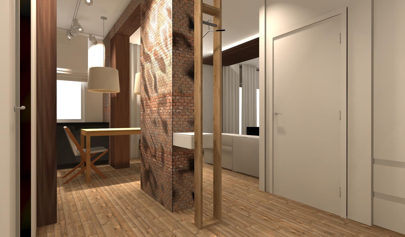 Wizualizacja wnętrza mieszkania z ceglaną ścianą działową, drewnianą podłogą, minimalistycznym biurkiem i krzesłem oraz wbudowaną szafą z wieszakiem.