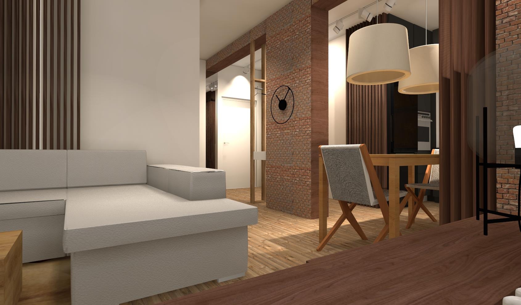 Wizualizacja salonu z ceglaną ścianą, minimalistyczną sofą, drewnianym stołem i krzesłami oraz dekoracyjnym zegarem.