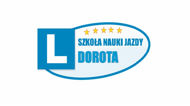 Niebiesko-białe logo z literą L i napisem Szkoła Nauki Jazdy Dorota, ozdobione pięcioma złotymi gwiazdkami u góry.