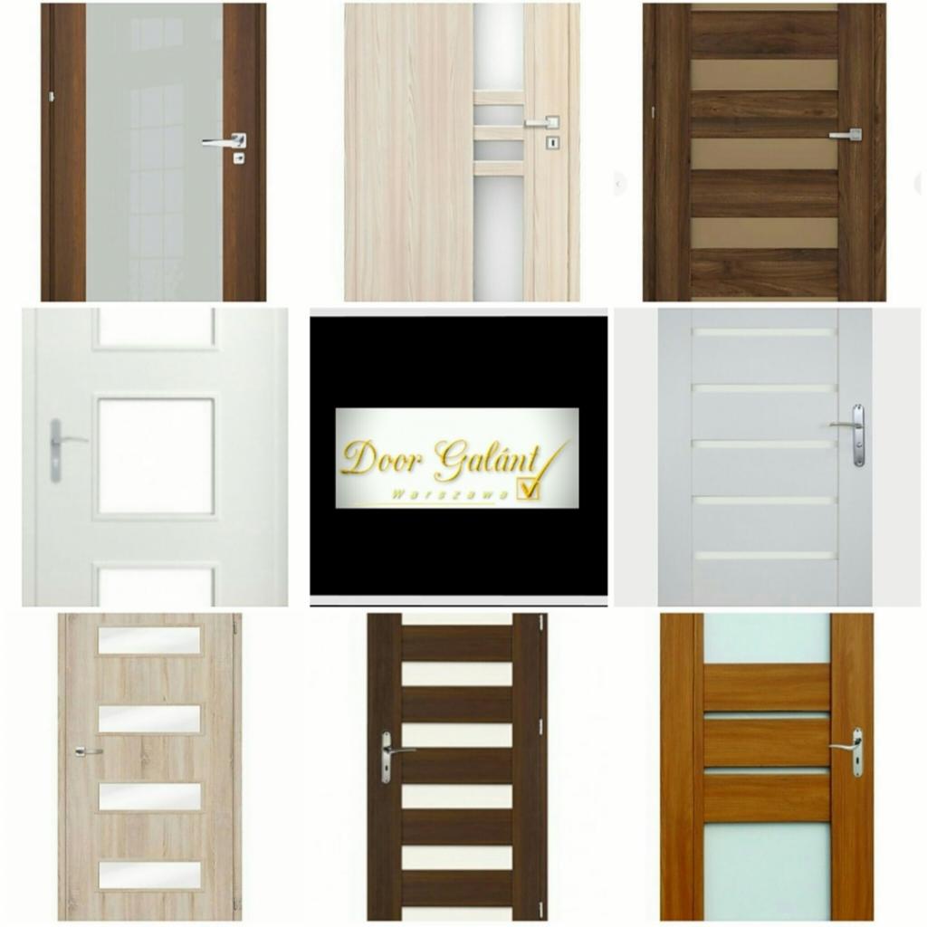 Kompilacja dziewięciu różnych modeli drzwi wewnętrznych w różnych stylach i kolorach, prezentowanych na białym tle. Centralnie umieszczone logo firmy.