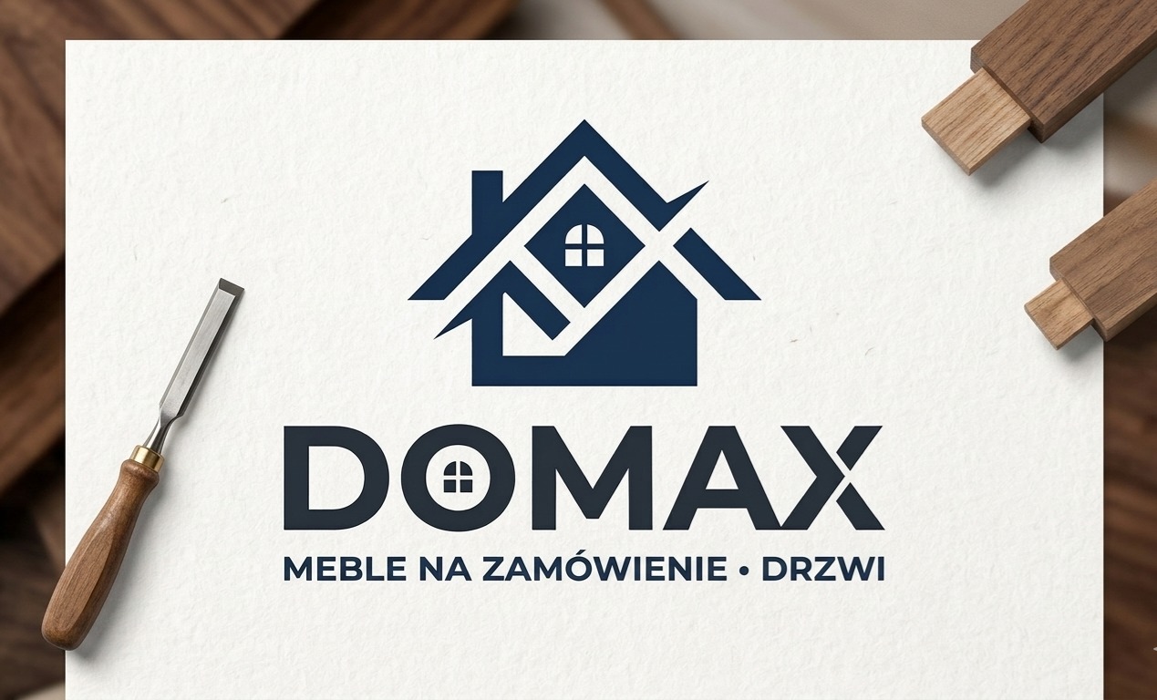 Logo firmy Domax z motywem domu i tekstem 'Meble na zamówienie • Drzwi', dłuto stolarskie i próbki drewna w tle, na teksturowanym papierze.