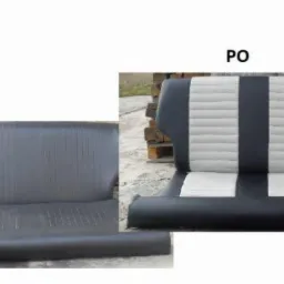 Porównanie: Stara, szara kanapa samochodowa vs. odnowiona kanapa z czarno-białą tapicerką w paski.