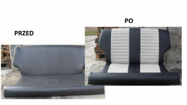 Porównanie: Stara, szara kanapa samochodowa vs. odnowiona kanapa z czarno-białą tapicerką w paski.