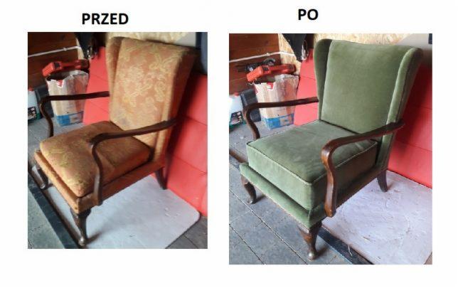 Renowacja fotela typu uszak: widok przed i po wymianie obicia na zielony welur, z zachowaniem drewnianych elementów. Na drugim planie widoczne narzędzia i karton.