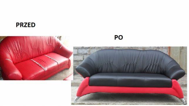 Renowacja sofy: porównanie stanu przed i po, zniszczona czerwona skóra zastąpiona elegancką czarną tapicerką z czerwonymi akcentami na podstawie.