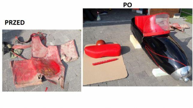 Renowacja tapicerki pojazdu: Zniszczone czerwone obicie 'PRZED' i odnowione czarno-czerwone siedzenie 'PO' na tle kostki brukowej.