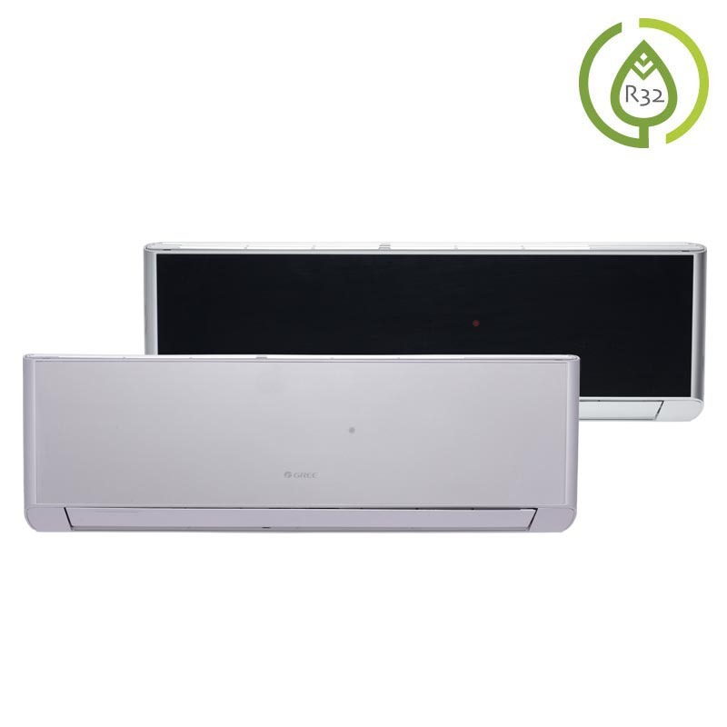 Dwa srebrne klimatyzatory marki Gree, jeden z czarnym panelem, a drugi z szarym, na białym tle. W prawym górnym rogu symbol R32.