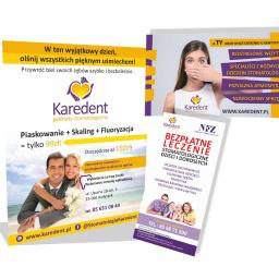 PERFORMA Patryk Gniedziejko - Zestaw materiałów reklamowych gabinetu stomatologicznego Karedent: ulotki z ofertą piaskowania, skalingu i fluoryzacji, bezpłatnego leczenia dzieci i dorosłych, oraz wizyt bezstresowych...