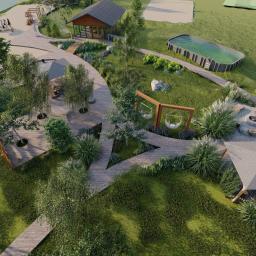 PERFORMA Patryk Gniedziejko - Wizualizacja z lotu ptaka zagospodarowania terenu z drewnianymi ścieżkami, altaną, miejscem na ognisko, hamakami i basenem, otoczona zielenią i zbiornikiem wodnym.