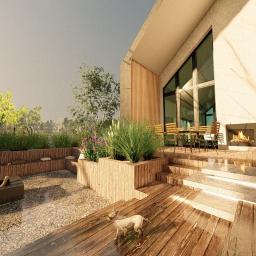 PERFORMA Patryk Gniedziejko - Wizualizacja ogrodu przy nowoczesnym domu z drewnianym tarasem, roślinami w podwyższonych rabatach i małym psem na pierwszym planie.