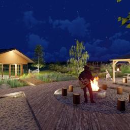 PERFORMA Patryk Gniedziejko - Nocna wizualizacja ogrodu z paleniskiem, altaną, oświetlonym budynkiem i osobami, w tym mężczyzną grającym na gitarze przy ognisku.