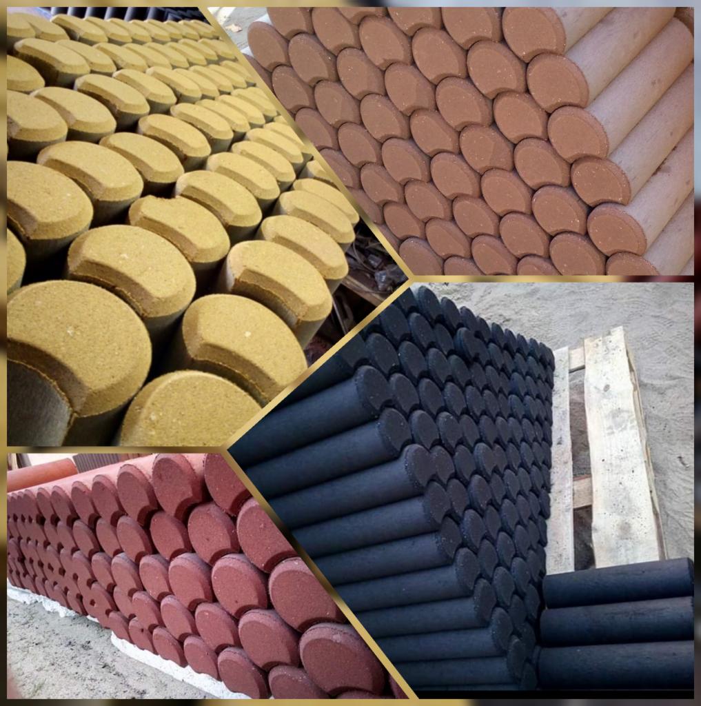 Kompozycja z czterech ujęć: żółte kostki brukowe w kształcie półksiężyca, brązowe i czerwone obrzeża trawnikowe ułożone w stosy oraz czarne palisady betonowe ułożone przy drewnianej palecie.