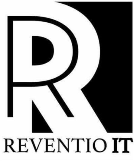 Logo firmy Reventio IT, stylizowane na literę R, białe na czarnym tle.
