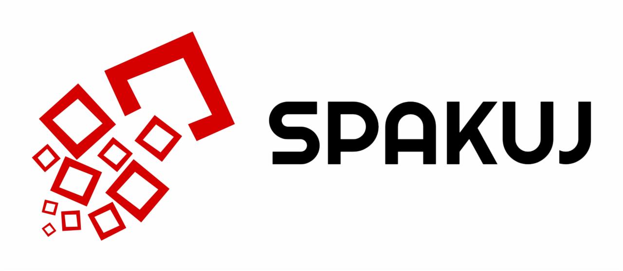 Logo firmy z nazwą 'SPAKUJ' obok grafiki z czerwonych kwadratów o różnej wielkości, ułożonych kaskadowo.