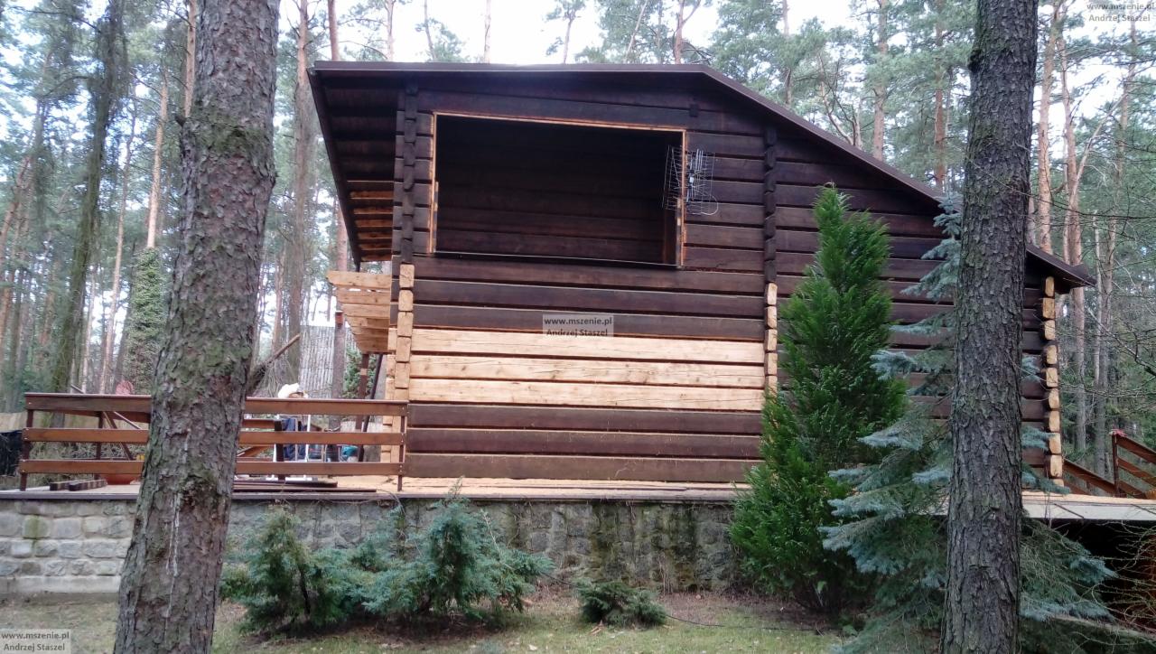 Surowy drewniany budynek w lesie, częściowo wykończony, z widocznym oknem bez ramy i fragmentem nieobrobionego drewna na elewacji, otoczony drzewami iglastymi.