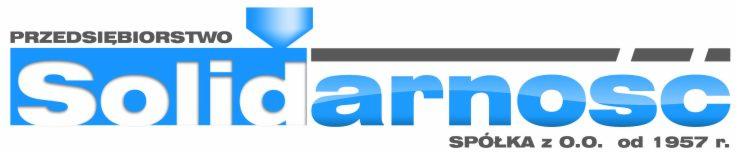 Logo firmy Przedsiębiorstwo Solidarność Spółka z o.o. od 1957 r. w kolorach niebieskim i szarym, z symbolem skierowanym w dół.