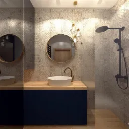 Wizualizacja łazienki z dwoma okrągłymi lustrami, umywalkami nablatowymi na drewnianym blacie i kabiną prysznicową typu walk-in z czarną armaturą, oświetloną trzema lampami wiszącymi...