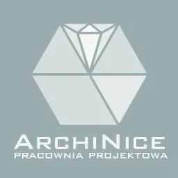 Logo pracowni projektowej Archinice: geometryczny symbol przypominający diament w sześciokącie, nazwa firmy i dopisek 'Pracownia Projektowa' na szarym tle.