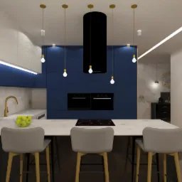 Wizualizacja nowoczesnej kuchni z granatowymi szafkami, białym blatem, złotymi lampami wiszącymi i czarnym okapem; trzy szare krzesła barowe z drewnianymi nogami stoją przy wyspie kuchennej,...