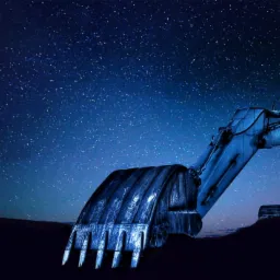 Stylizowane ujęcie koparki na tle nocnego, rozgwieżdżonego nieba, z dominującą tonacją niebieską.