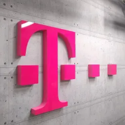 Różowe, przestrzenne logo na surowej, betonowej ścianie w biurze. Logo składa się z litery 'T' i czterech kwadratów.