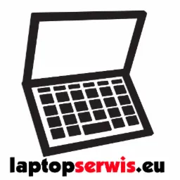 Czarno-biała grafika stylizowanego otwartego laptopa z adresem strony internetowej laptopserwis.eu w dolnej części.