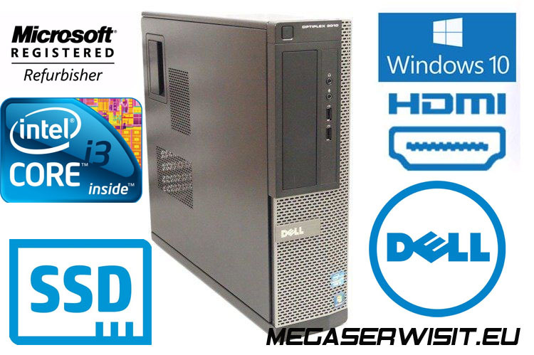 Komputer stacjonarny Dell OptiPlex 3010 z naklejkami Microsoft Registered Refurbisher, Intel Core i3, SSD oraz logo Windows 10 i HDMI, widoczne logo firmy Dell.