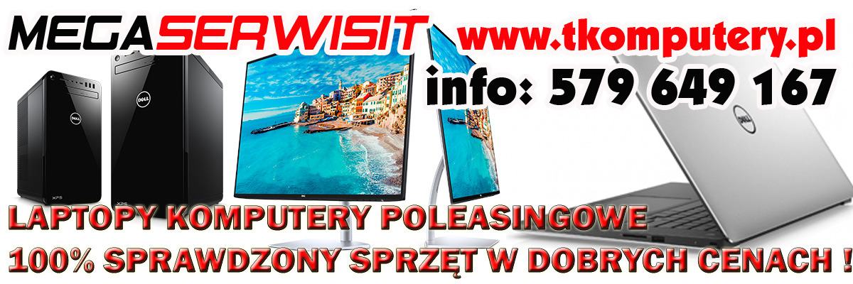 Zestaw komputerowy Dell: dwa czarne komputery stacjonarne, dwa monitory z widokiem na miasto nad morzem i srebrny laptop na białym tle z napisem 'LAPTOPY KOMPUTERY POLEASINGOWE 100% SPRAWDZONY...