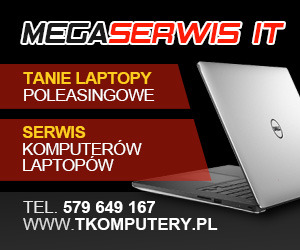 Reklama Mega Serwis IT z laptopem Dell, informująca o tanich laptopach poleasingowych oraz serwisie komputerów i laptopów, z podanym numerem telefonu i adresem strony internetowej.