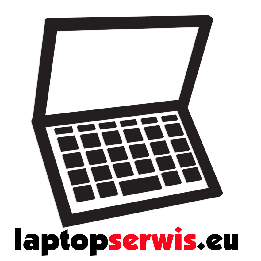 Czarno-biała grafika stylizowanego otwartego laptopa z adresem strony internetowej laptopserwis.eu w dolnej części.