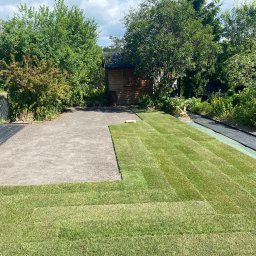 NOWAKPARK Paweł Nowak - Układanie trawy z rolki w ogrodzie, widoczny fragment przygotowanego podłoża i ułożone pasy trawy, w tle zielona roślinność i drewniany budynek gospodarczy.