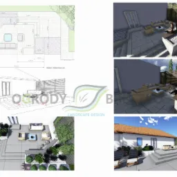 Kolaż prezentujący projekt zagospodarowania przestrzeni zewnętrznej: plan techniczny tarasu z wymiarami, wizualizacje 3D z meblami ogrodowymi i roślinnością oraz widok z lotu ptaka na taras...