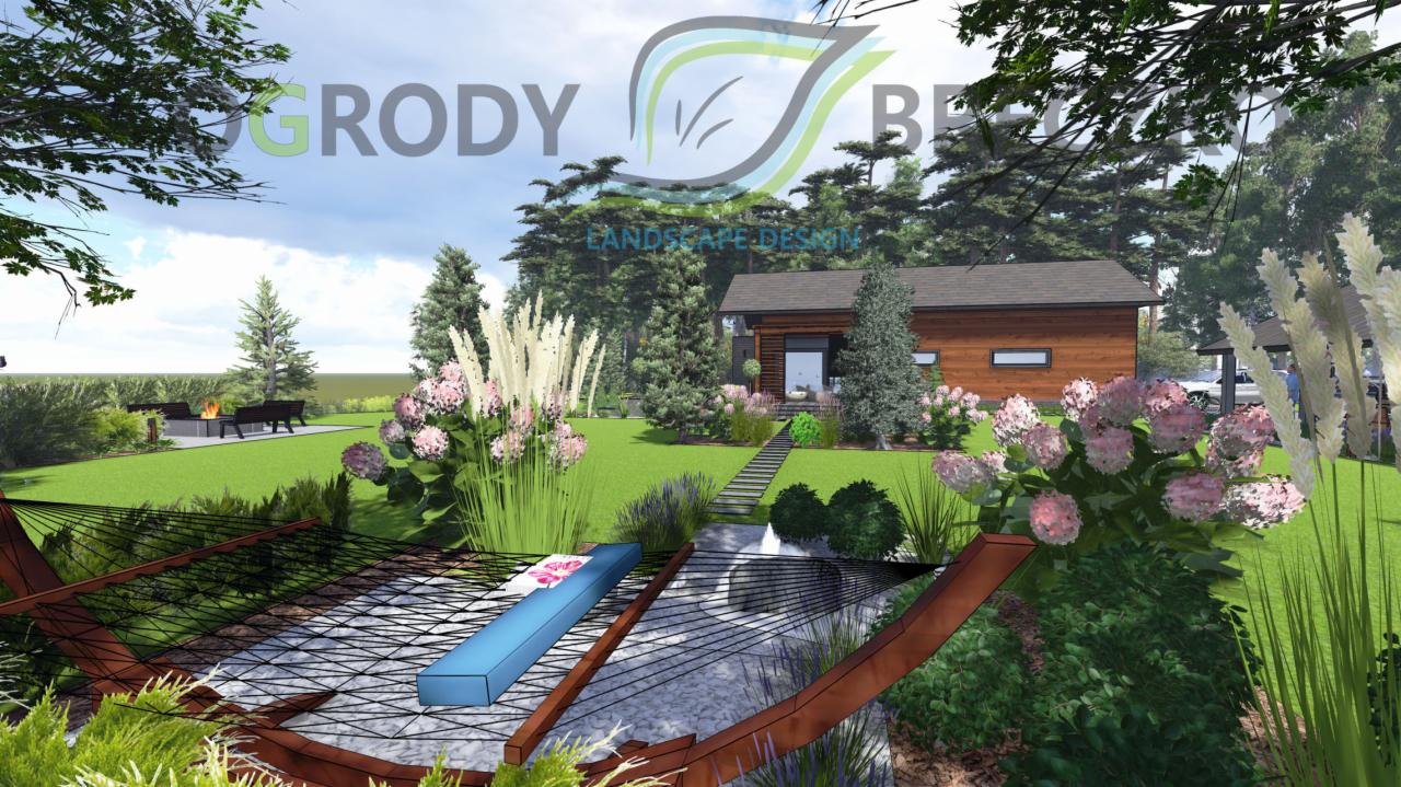 Wizualizacja ogrodu z nowoczesnym domem, hamakiem nad wodą i paleniskiem w tle, zaakcentowana hortensjami i trawami ozdobnymi.