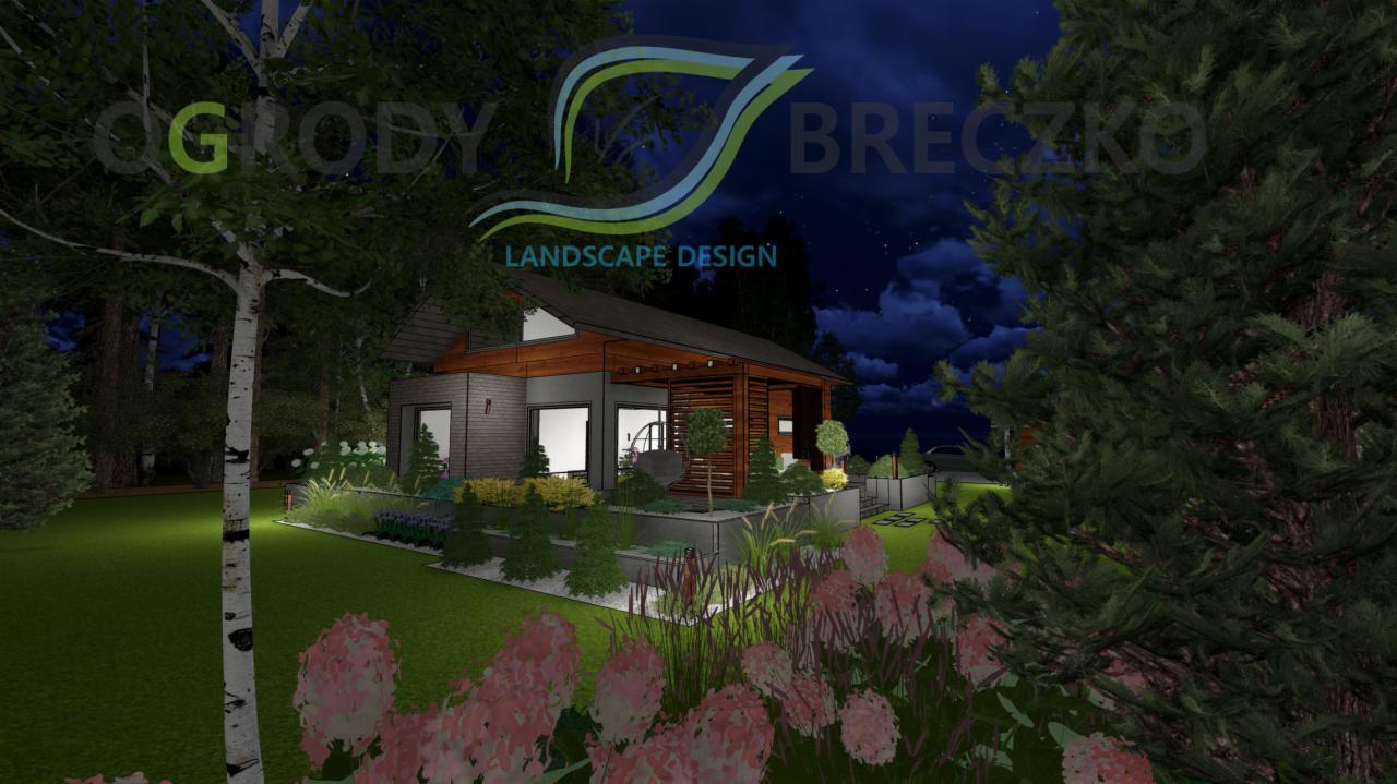 Wizualizacja 3D nowoczesnego domu z ogrodem oświetlonym nocą, z widoczną pergolą, rabatami kwiatowymi i drzewami, na tle ciemnego nieba.