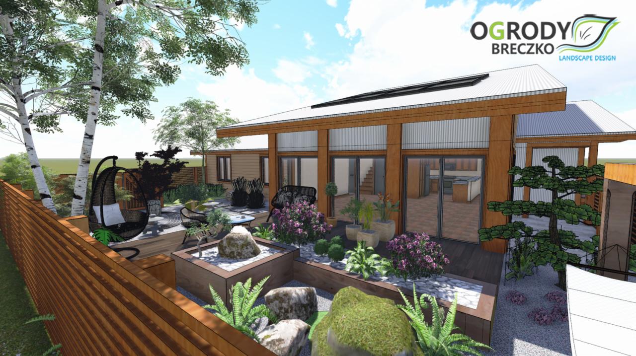 Wizualizacja ogrodu japońskiego z elementami nowoczesnej architektury domu, drewnianym tarasem, wiszącym fotelem i starannie dobraną roślinnością, w tym drzewami brzozy.