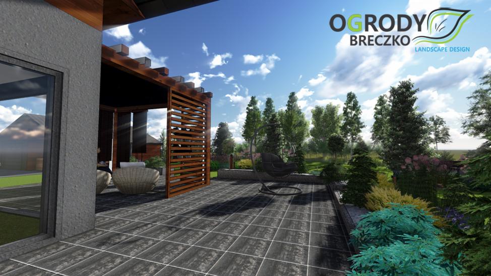 Wizualizacja tarasu z drewnianą pergolą, szarymi płytami i nowoczesnym fotelem wiszącym na tle zieleni ogrodowej oraz logo firmy Ogrody Breczko.
