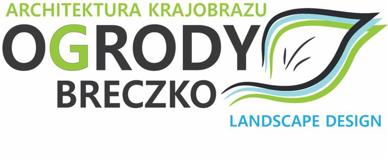 Logo firmy Architektura Krajobrazu Ogrody Breczko z graficznym motywem liścia i napisem Landscape Design.