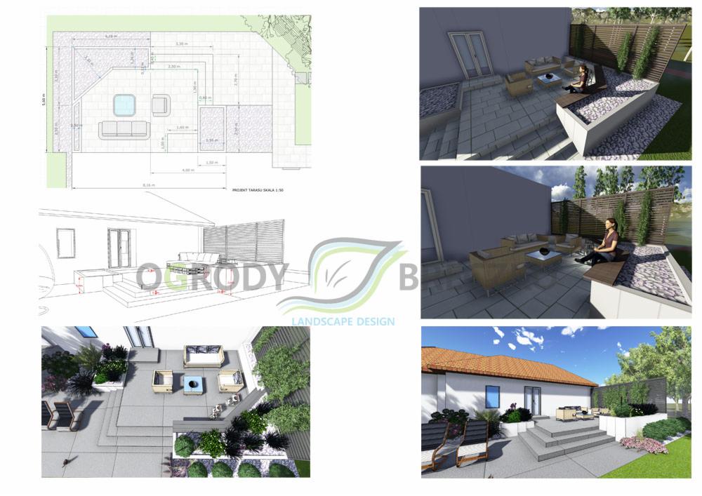 Kolaż prezentujący projekt zagospodarowania przestrzeni zewnętrznej: plan techniczny tarasu z wymiarami, wizualizacje 3D z meblami ogrodowymi i roślinnością oraz widok z lotu ptaka na taras...