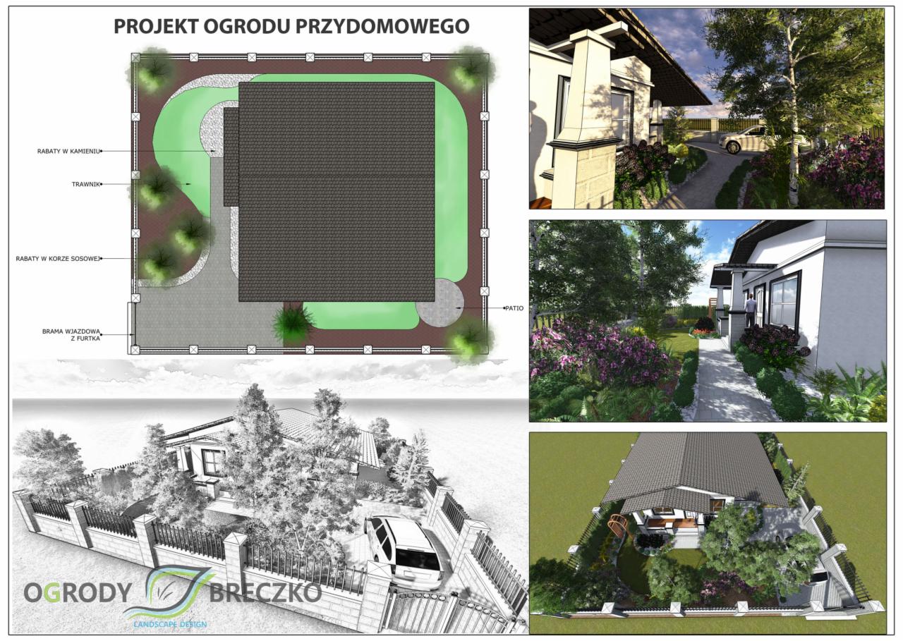 Wizualizacja projektu ogrodu przydomowego z planem zagospodarowania, widokiem z góry i perspektywą, prezentująca rabaty w kamieniu i korze sosnowej, trawnik, bramę wjazdową z furtką oraz patio.