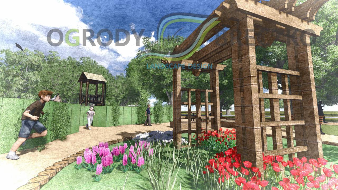 Szkic projektu ogrodu z drewnianą pergolą, altaną w tle i biegnącymi postaciami dzieci.