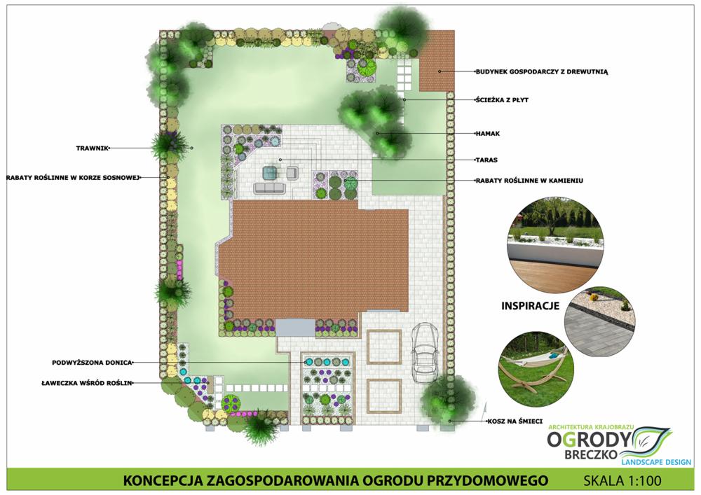 Plan zagospodarowania ogrodu przydomowego z trawnikiem, rabatami roślinnymi w korze sosnowej i kamieniu, ścieżką z płyt, tarasem, hamakiem, budynkiem gospodarczym z drewutnią, podwyższoną donicą...