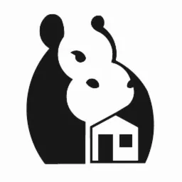 Czarno-biały, minimalistyczny logotyp przedstawiający sylwetkę pandy wkomponowaną w kontur domu.