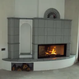 Szary, kaflowy kominek z paleniskiem, w którym płonie ogień. Nad paleniskiem widoczny napis 'M serce J'. Z boku nisza na drewno z ułożonymi kawałkami drewna. Nad kominkiem okrągła, dekoracyjna rozeta.