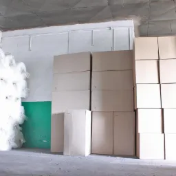 Stos kartonowych pudeł i sterta folii bąbelkowej w magazynie, na ścianie widoczny zielony pas.