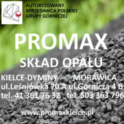 Logo firmy Promax, autoryzowanego sprzedawcy Polskiej Grupy Górniczej, z adresem w Kielcach i Morawicy, na tle węgla.