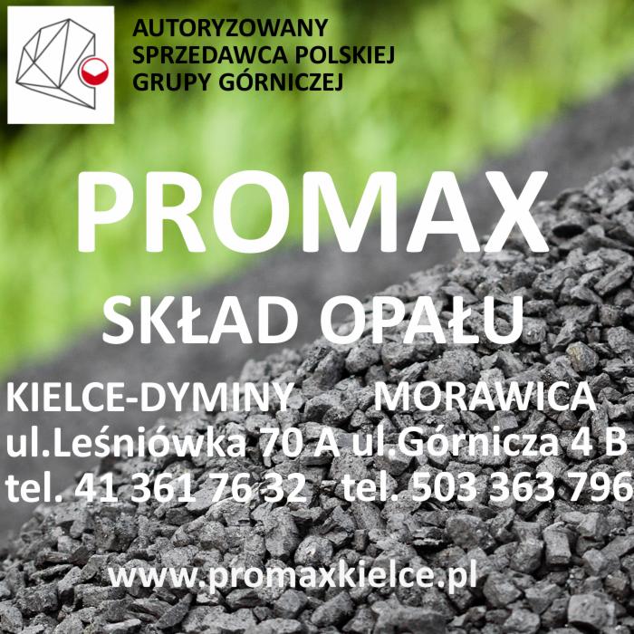 Logo firmy Promax, autoryzowanego sprzedawcy Polskiej Grupy Górniczej, z adresem w Kielcach i Morawicy, na tle węgla.