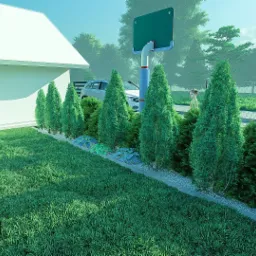 Wizualizacja ogrodu przydomowego z równo przystrzyżonym trawnikiem, rzędem iglaków, rabatą z hostami, białym budynkiem w tle oraz samochodem i koszem do koszykówki.