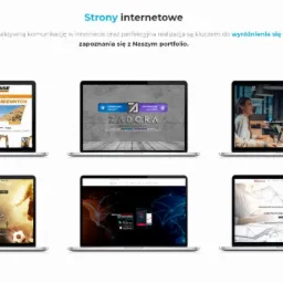 Portfolio z różnymi projektami stron internetowych prezentowanymi na ekranach laptopów, pokazujące szeroki zakres tematyczny i wizualny.