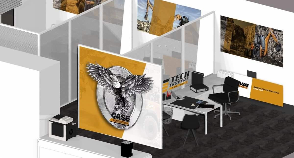 Wizualizacja stoiska targowego Case Construction z logo orła na żółto-białym tle, ekspozycja maszyn budowlanych na ścianach działowych, minimalistyczne meble biurowe w tle.